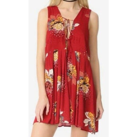 Free People Small Women LOVELY DAY Tunic  Red Floral Boho Mini Dress Tie Up - Picture 3 of 10